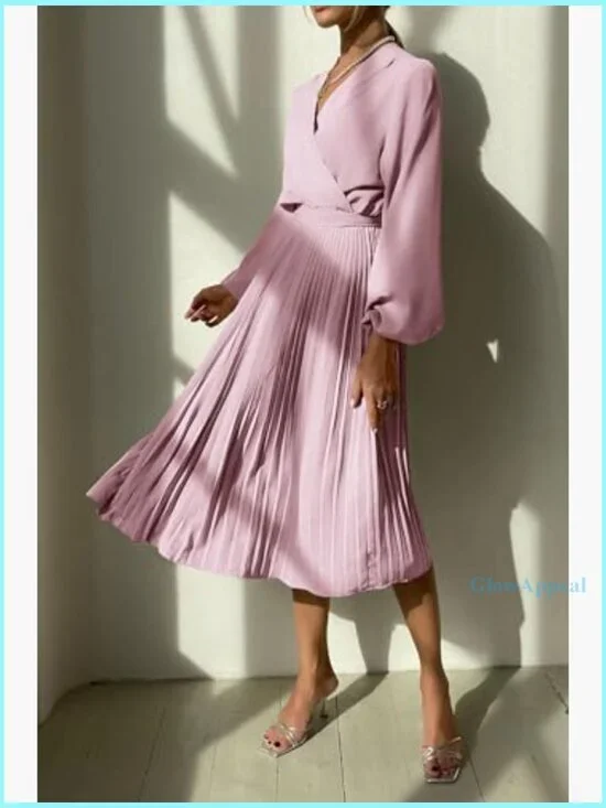 Midi Dress Long Puff Sleeve Wrap V Neck Flowy Ruffle Pleated Casual - Picture 3 of 7